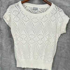Cuddle Knit White Cotton Knit Short Sleeve Sweater Top Womens Delicate Dainty